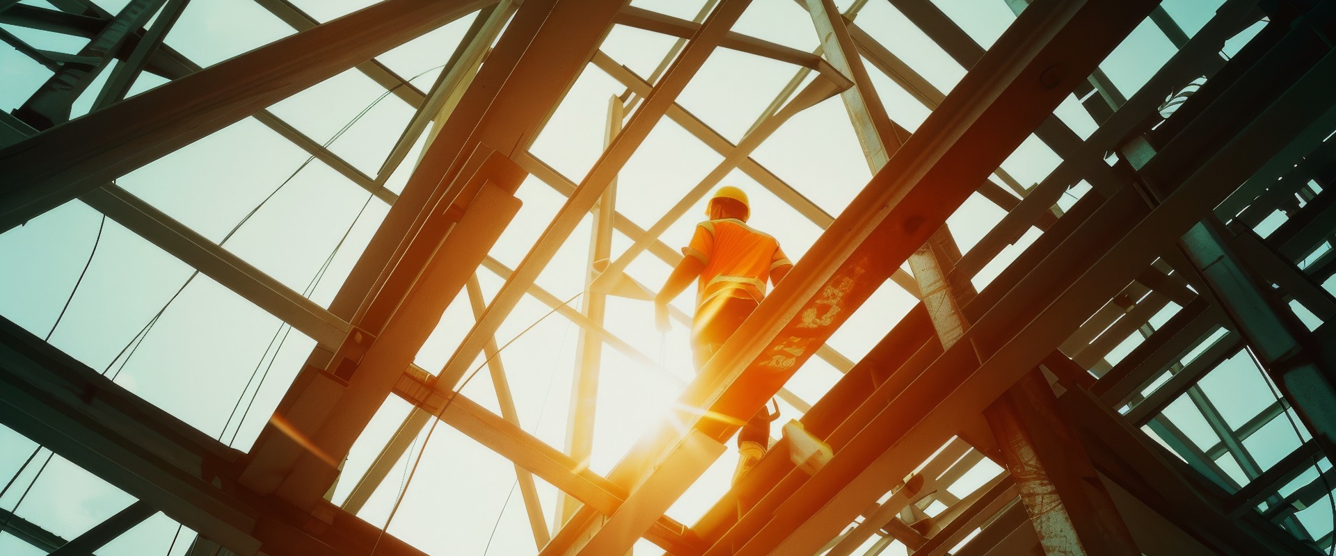 A construction worker climbs the framework of a building under a bright sky, illuminated by the setting sun, capturing the essence of hard work and dedication.