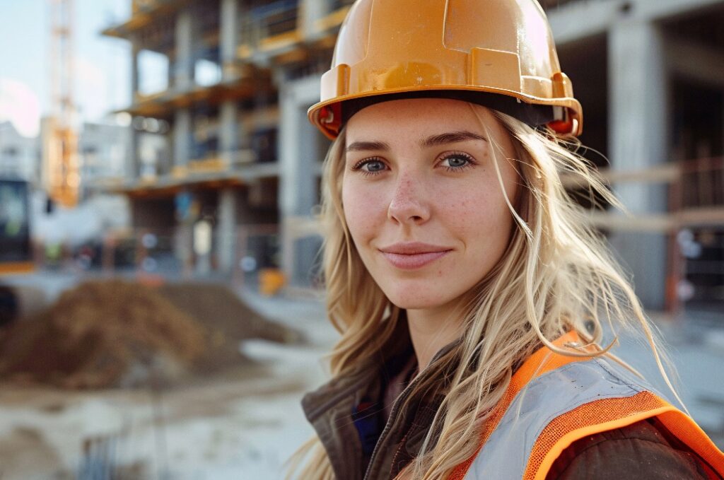Confident Female Construction Worker at Urban Building Site