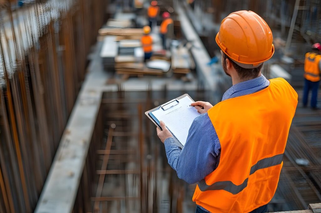 Construction worker in an orange vest and hard hat reviews documents on a clipboard at a busy construction site.  Multiple workers are visible in the background.