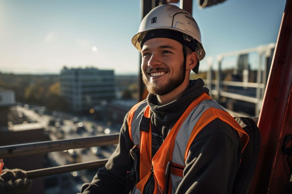 "Der aufgeweckte Bauarbeiter in den 20ern: Junge Energie am Baukran – Neugier und Enthusiasmus auf der Baustelle"