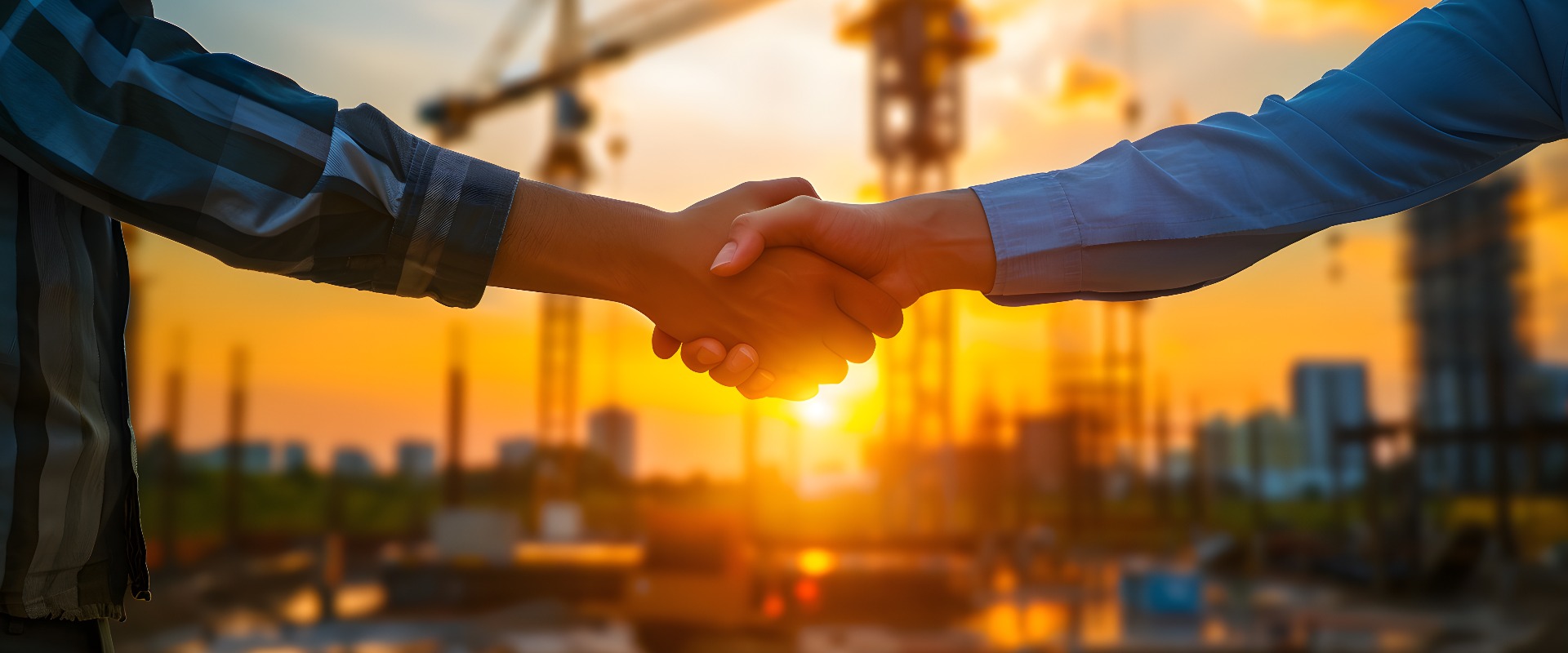 Handshake at a construction site during sunset
